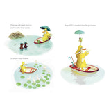 Duck in a yellow raincoat and a frog in a boat searching for a home in a children’s book illustration.