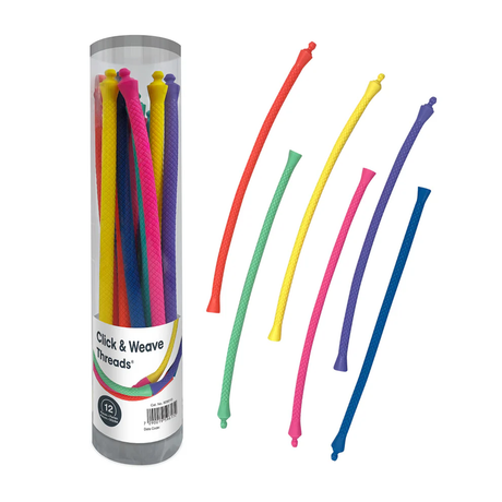 A clear tub contains colorful, flexible Click & Weave Threads in red, yellow, blue, pink, and green, with some threads displayed outside.