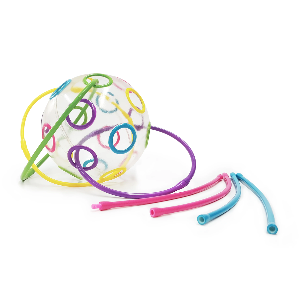 A transparent sphere with circular cutouts features colorful, intertwined rings in green, yellow, purple, and blue, creating a playful and vibrant look.