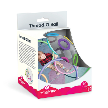 Packaging of "Thread-O Ball" toy by Edushape. Features colorful, interlocking rings. Image shows a child playing, conveying fun and creativity.