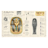 Illustration of an ancient Egyptian journal spread showing King Tutankhamun's mask, hieroglyphics, a sarcophagus, canopic jars, and notes on tomb artifacts.
