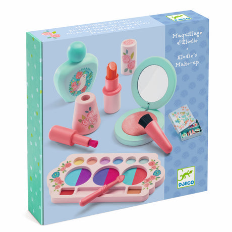 Djeco Elodie's Make-up wooden vanity play set for toddlers with pretend lipstick, perfume, and eyeshadow.
