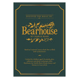 Dark green promotional graphics card with gold border reading "Bearhouse by Charlie Bears" and description text.