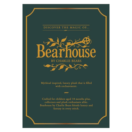 Dark green promotional graphics card with gold border reading "Bearhouse by Charlie Bears" and description text.