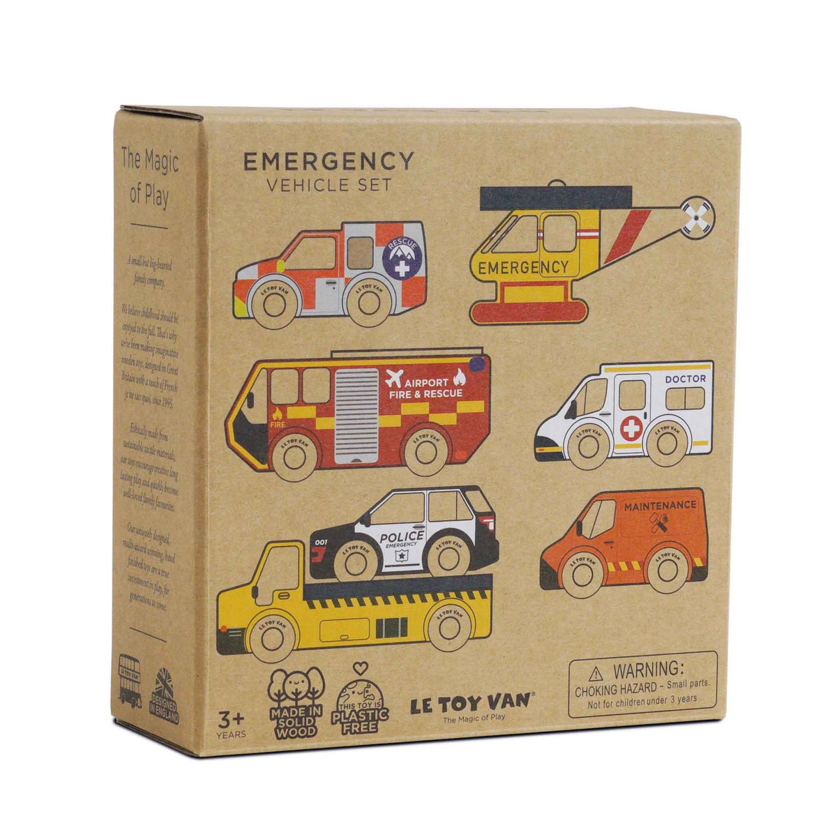 Cardboard packaging box for the Le Toy Van Emergency Vehicle Set.