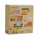 Cardboard packaging box for the Le Toy Van Emergency Vehicle Set.