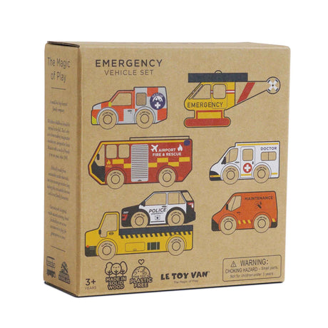 Cardboard packaging box for the Le Toy Van Emergency Vehicle Set.