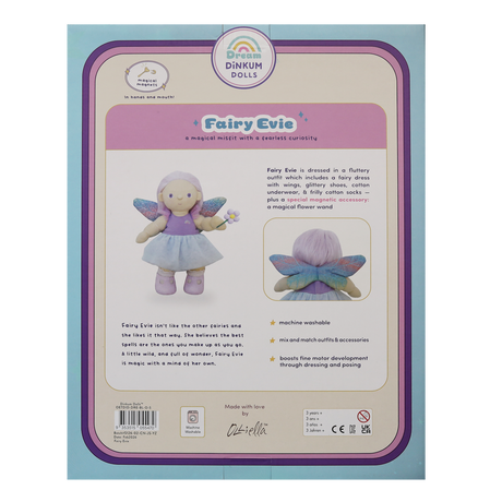Back packaging of Olli Ella Dream Dinkum Dolls Fairy Evie plush toy showing product details.