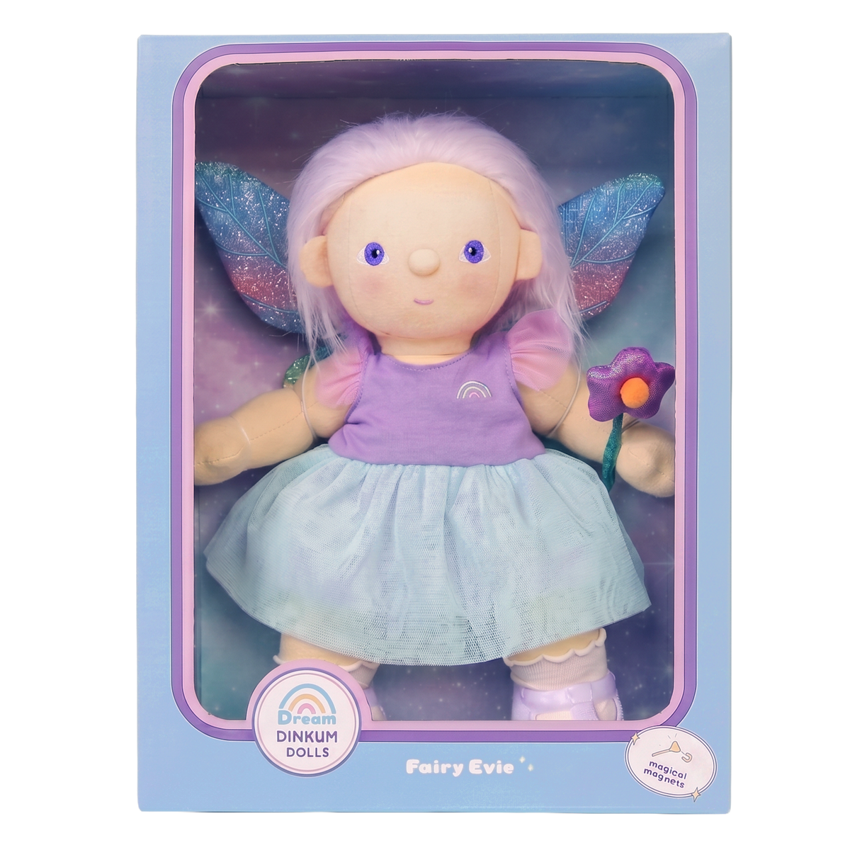 Fairy Evie Dream Dinkum Doll plush toy with wings in its original packaging box.