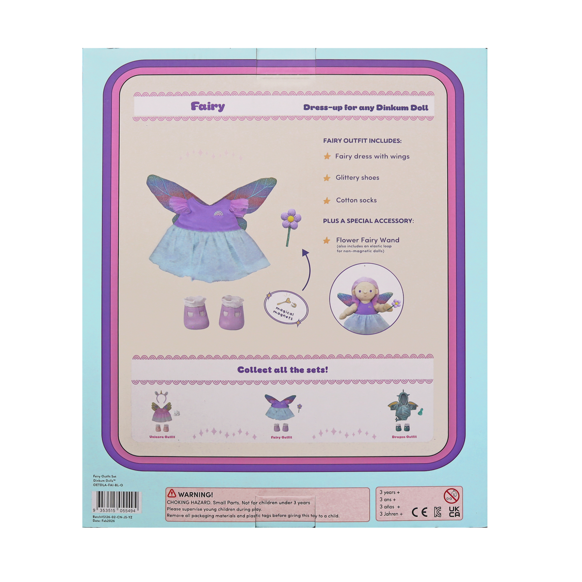 Back packaging of a Dinkum Doll fairy dress-up outfit set with wings, shoes, and a wand accessory.