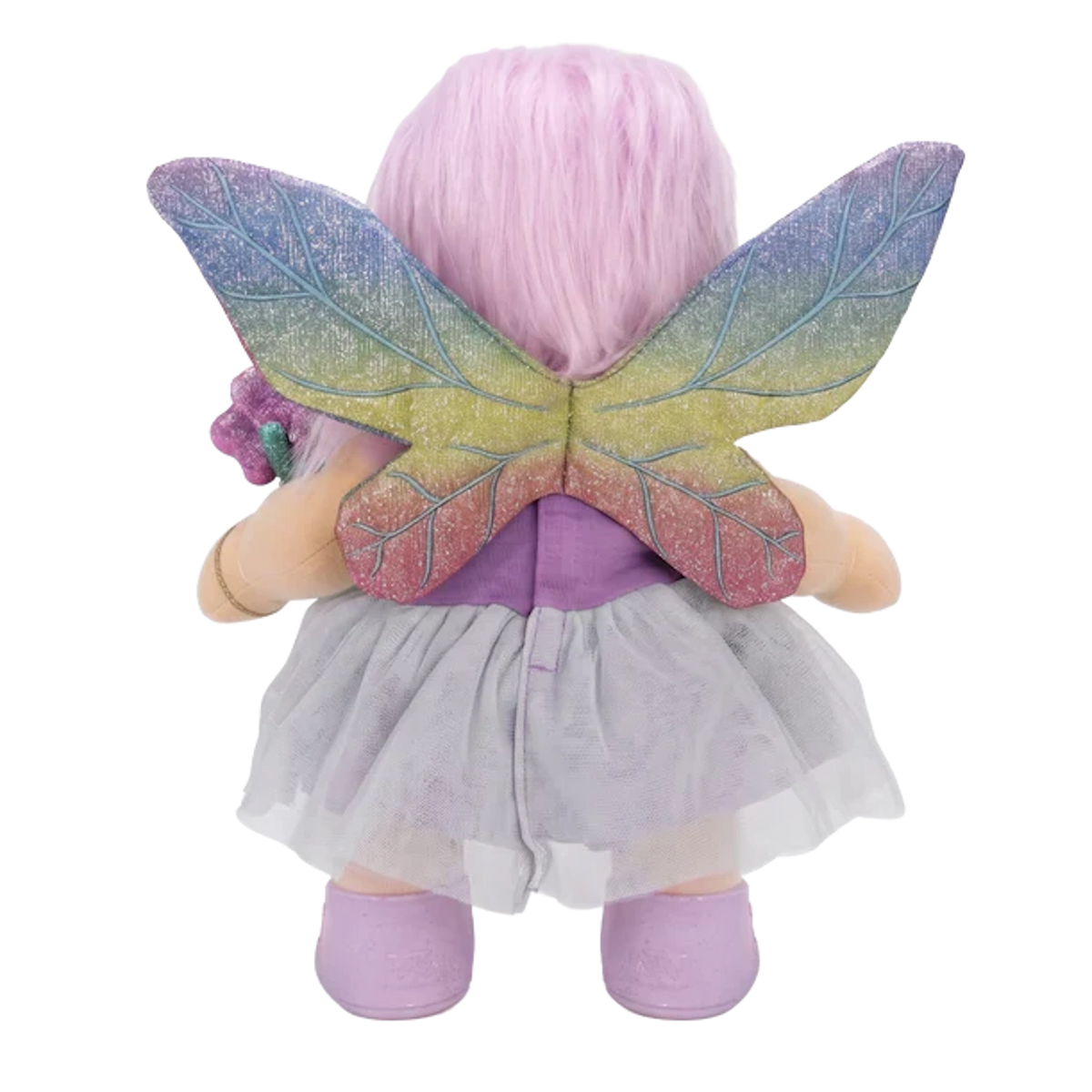 Back view of doll in a purple and grey fairy outfit with glittery rainbow wings.