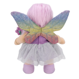 Back view of doll in a purple and grey fairy outfit with glittery rainbow wings.
