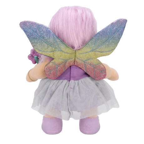 Back view of doll in a purple and grey fairy outfit with glittery rainbow wings.