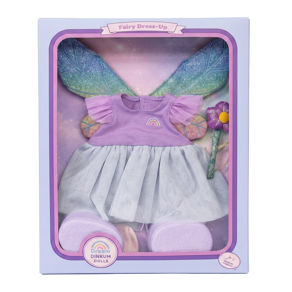 Dream Dinkum Dolls Fairy Dress-Up outfit set with wings, dress, and wand in packaging box.