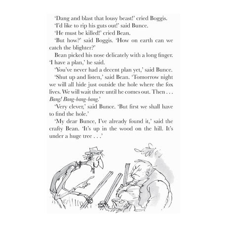 Orange book page with text of Boggis, Bunce, and Bean discussing a plan, and an illustration of the three farmers.
