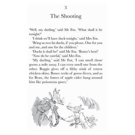 Book page for Chapter 3, "The Shooting," featuring a conversation between Mr. and Mrs. Fox and an illustration of foxes.