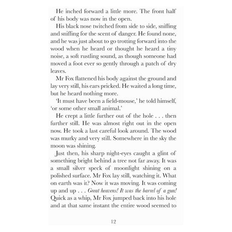 Book page 12 detailing Mr. Fox discovering a gun barrel in the woods.