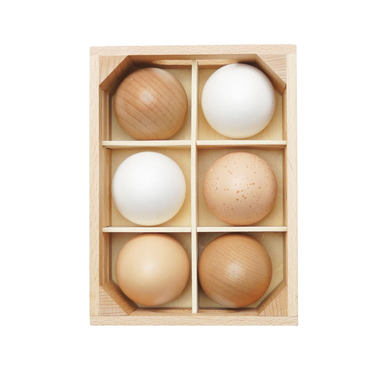 Top-down view of a wooden crate with six compartments holding toy eggs.