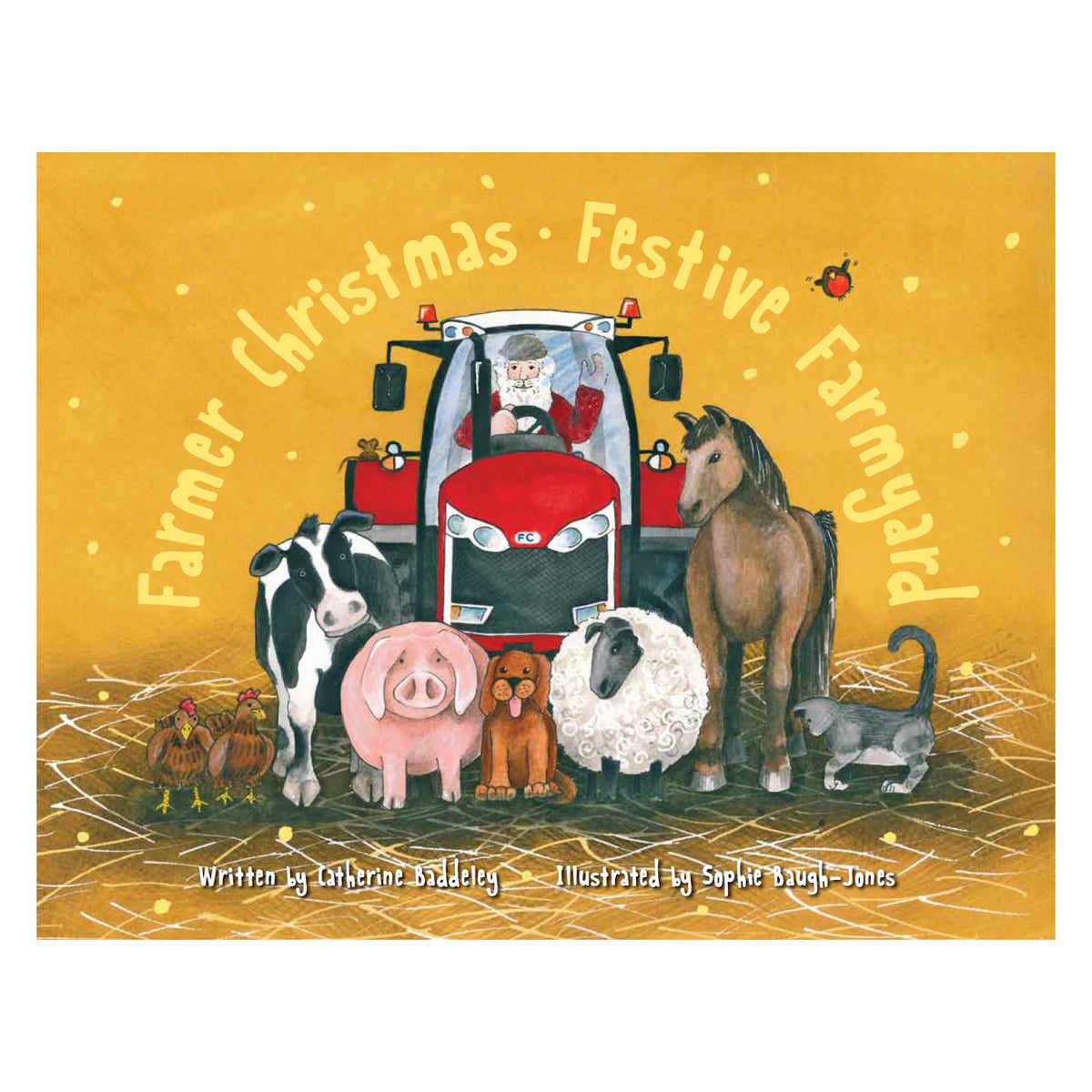 Santa drives a red tractor surrounded by a cow, pig, sheep, horse, cat, dog, and chickens on a golden farmyard background. Festive and cheerful.