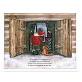 A person in a Santa outfit and a dog stand in a snow-framed open barn, looking at a large red tractor. Wooden doors add a rustic charm.