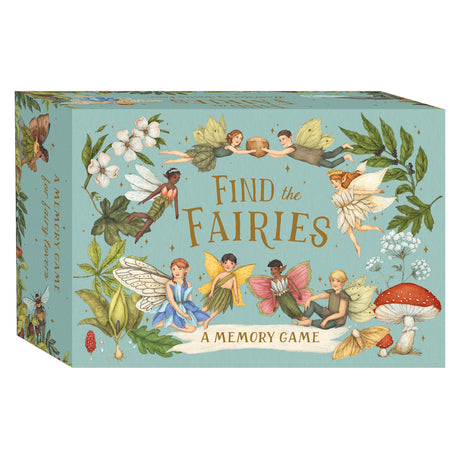 Box packaging for "Find the Fairies: A Memory Game" featuring illustrated fairies, flowers, and a red mushroom.