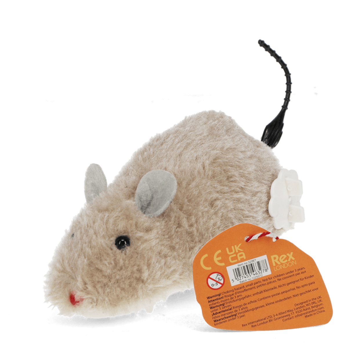 Fluffy plush wind-up mouse toy with an attached orange product tag showing branding and barcodes.