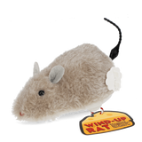 Fluffy plush wind-up rat toy with grey ears and a cheese-shaped tag reading "Wind-Up Rat".