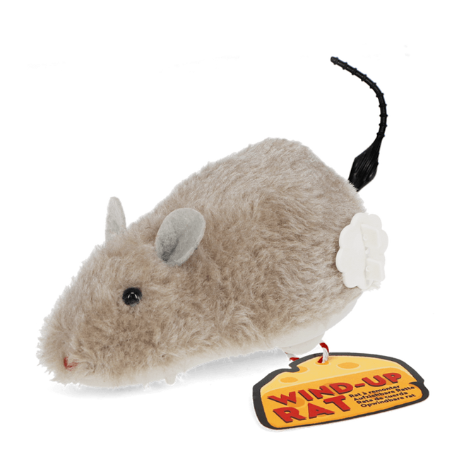 Fluffy plush wind-up rat toy with grey ears and a cheese-shaped tag reading "Wind-Up Rat".