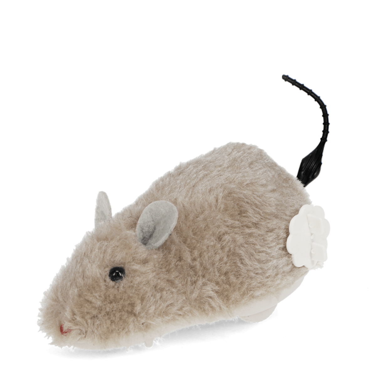 Fluffy light brown plush wind-up mouse toy with gray ears, a white winding key, and a thin black tail.