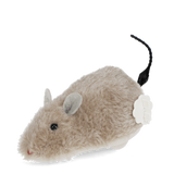 Fluffy light brown plush wind-up mouse toy with gray ears, a white winding key, and a thin black tail.