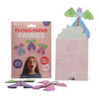 Flying Paper Fairies craft kit packaging next to paper house and assembled flying fairies.
