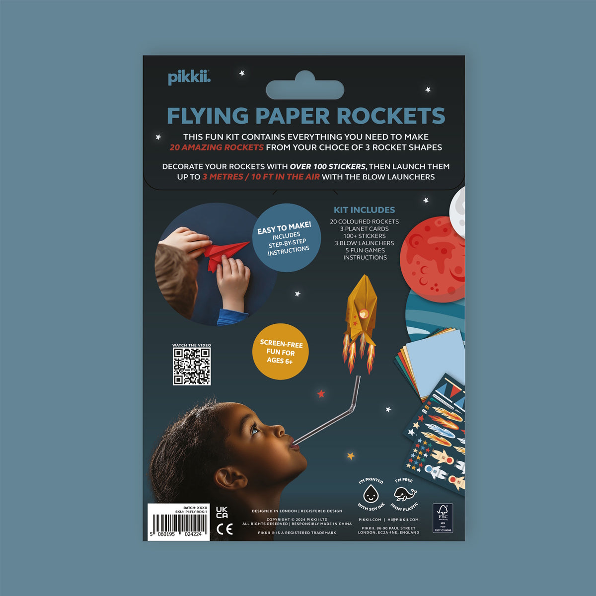 Back packaging of Pikkii Flying Paper Rockets kit, detailing contents and instructions.