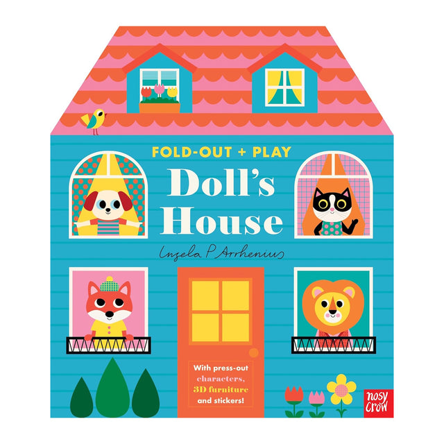 Colorful illustrated dollhouse with cartoon animals peeking from windows. A dog, cat, fox, and lion are visible. Bright, playful, and inviting atmosphere.