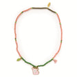 Sylvia forest collection beaded necklace with enamel deer pendant and leaf charm in blush pink and green for girls.