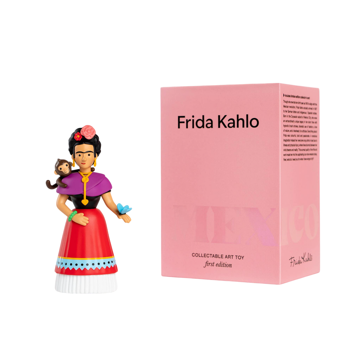 A colorful Frida Kahlo figurine, with a monkey on her shoulder and a butterfly in hand, stands beside a pink box labeled "Frida Kahlo, Collectable Art Toy."