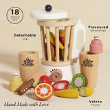 Wooden 18-piece toy blender set featuring Velcro fruits, cups, and labels highlighting its features.