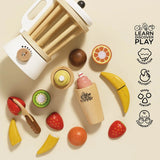Flat lay view of a wooden toy blender set, fruit pieces, and developmental benefit icons on a neutral background.