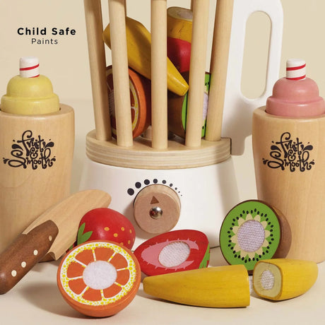 Wooden toy blender set with play fruit pieces, cups, and text reading "Child Safe Paints".