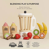 Wooden toy blender set with play fruit pieces, cups, and FSC certification text for sustainable wood.