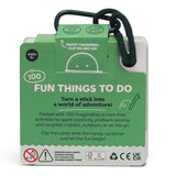 Back packaging of green "100 Fun Things To Do" card deck with product info and carabiner.