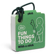 Green "100 Fun Things To Do With a stick" card deck attached to a dark green hanging loop.