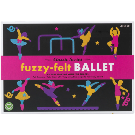 Box of "Fuzzy-Felt Ballet" set showing colorful felt ballet dancers on a black background. Designed for ages 3+, it offers creative picture-making.