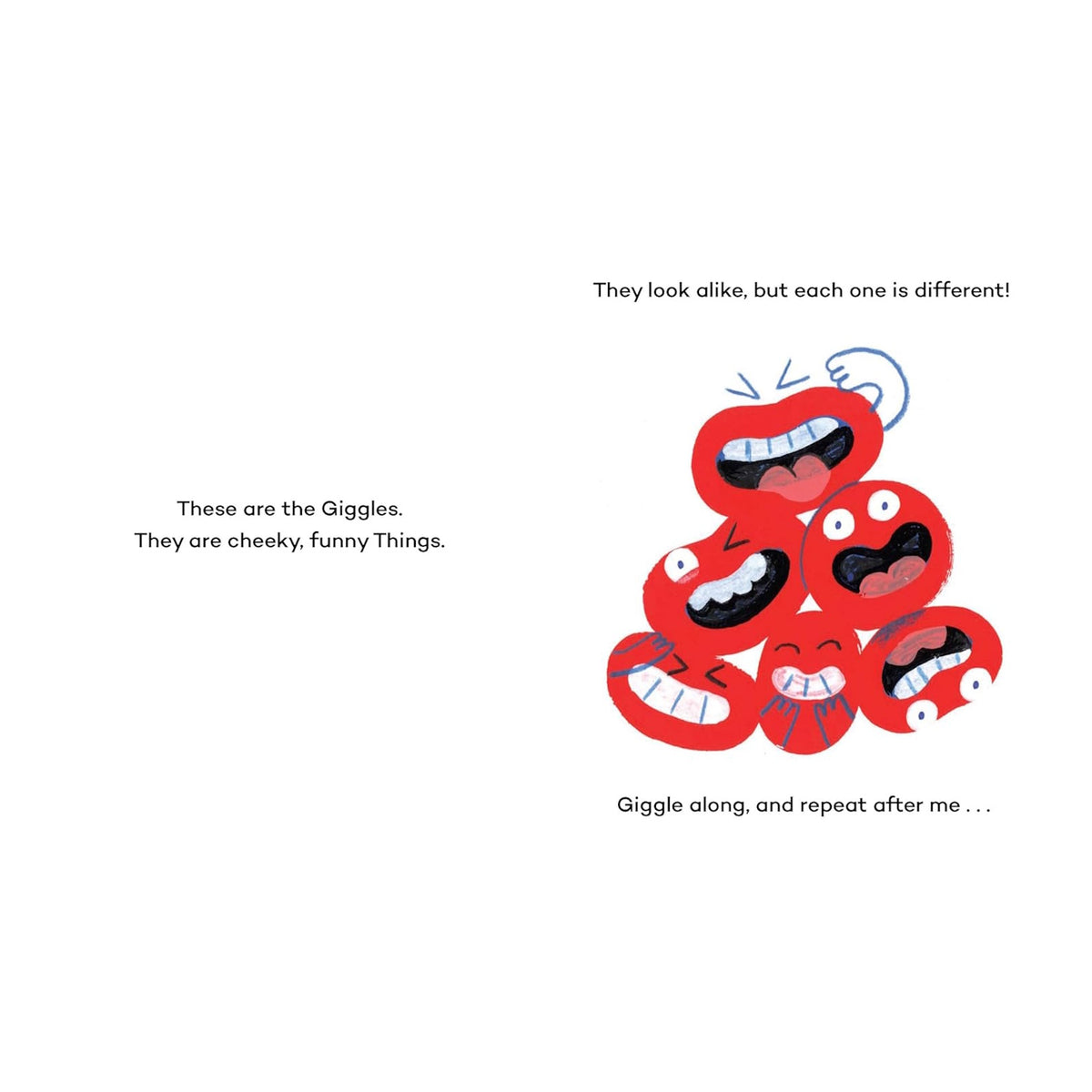 Illustration of red, laughing mouth characters called Giggles with accompanying book text.
