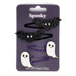 Set of four Halloween hair clips featuring two black glitter bats and two white glitter ghosts on a card.