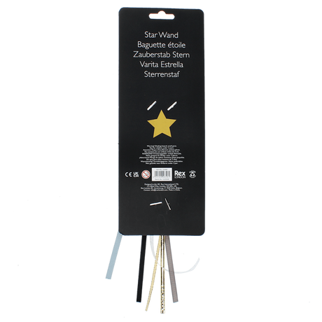 Back packaging of a Rex London Star Wand with multilingual product labels and safety warnings.