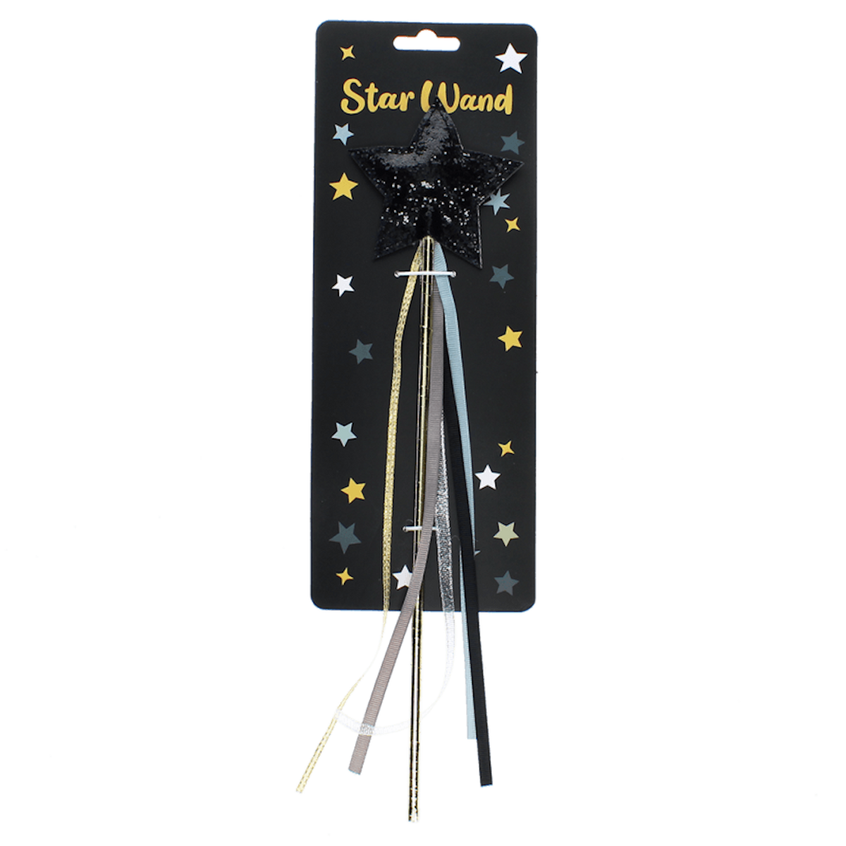 Black glitter star magic wand packaged on a star-patterned cardboard retail card.