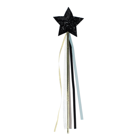 Black glittery star magic wand featuring trailing ribbons on a plain black background.