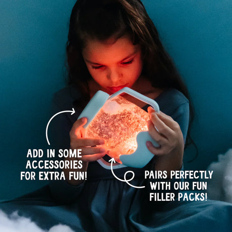 Child holding a glowing Glo Pals sensory play jar filled with water and accessories in the dark.