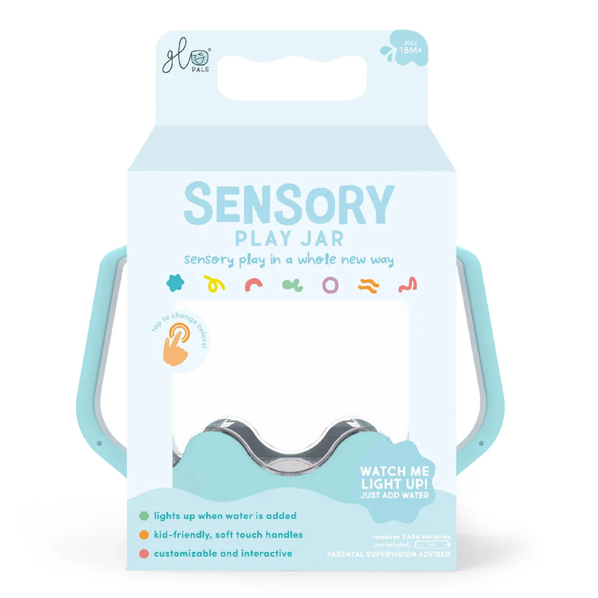 Glo Pals Sensory Play Jar packaged in a light blue box with product details on a plain background.