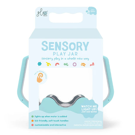 Glo Pals Sensory Play Jar packaged in a light blue box with product details on a plain background.